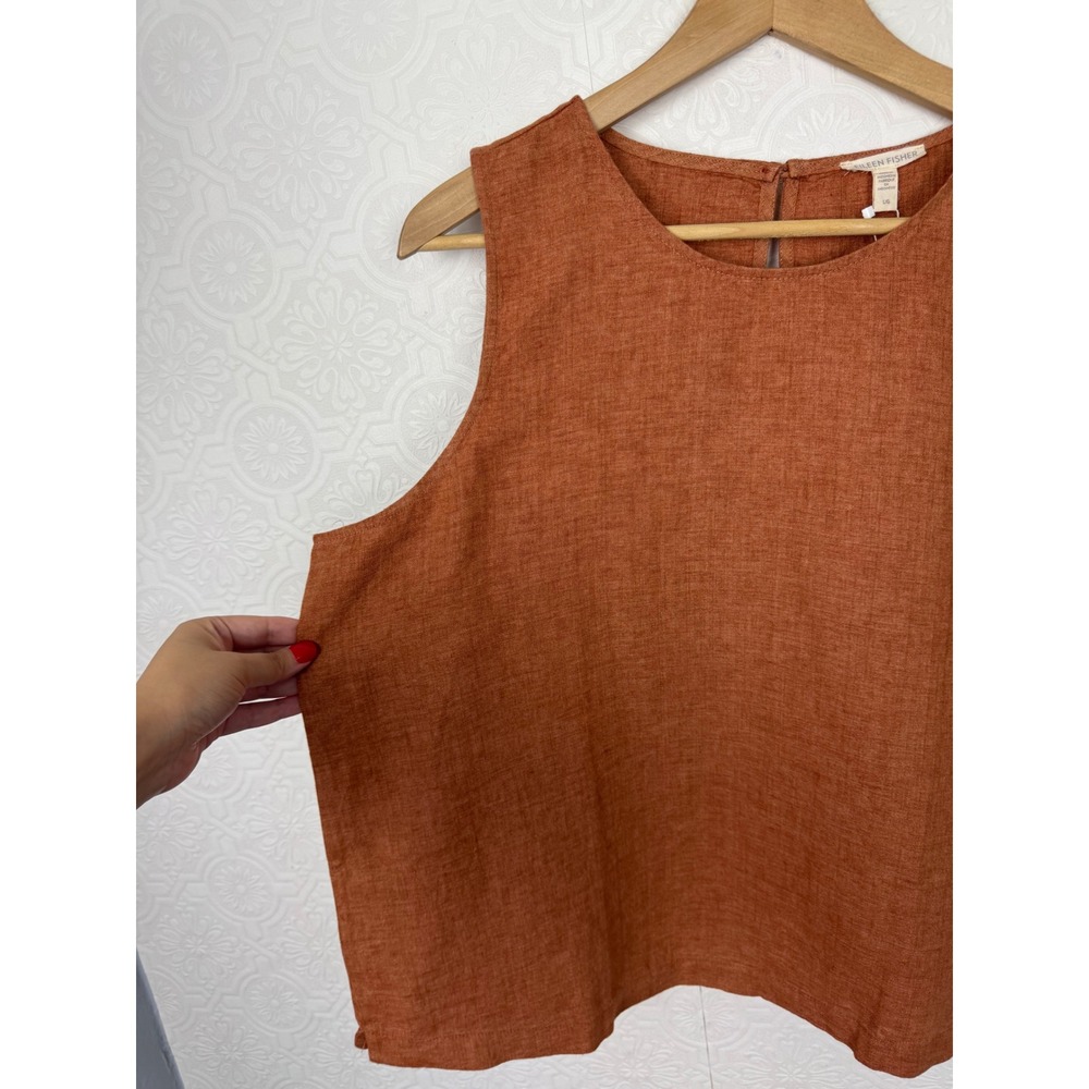 Eileen Fisher Organic Linen Shell Top Round Neck Keyhole Back Terracotta Large - Picture 5 of 8